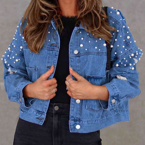 'Marlowe' Distressed Pearl Crop Jacket - Celes Fashion